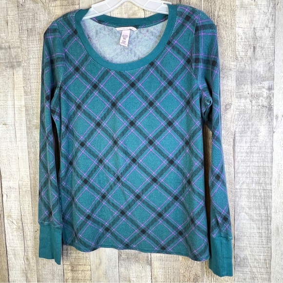 2-Pc Victoria’s Secret Plaid Thermal Cotton Pj’s Long Sleeve Crewneck Pj’s - Picture 2 of 10